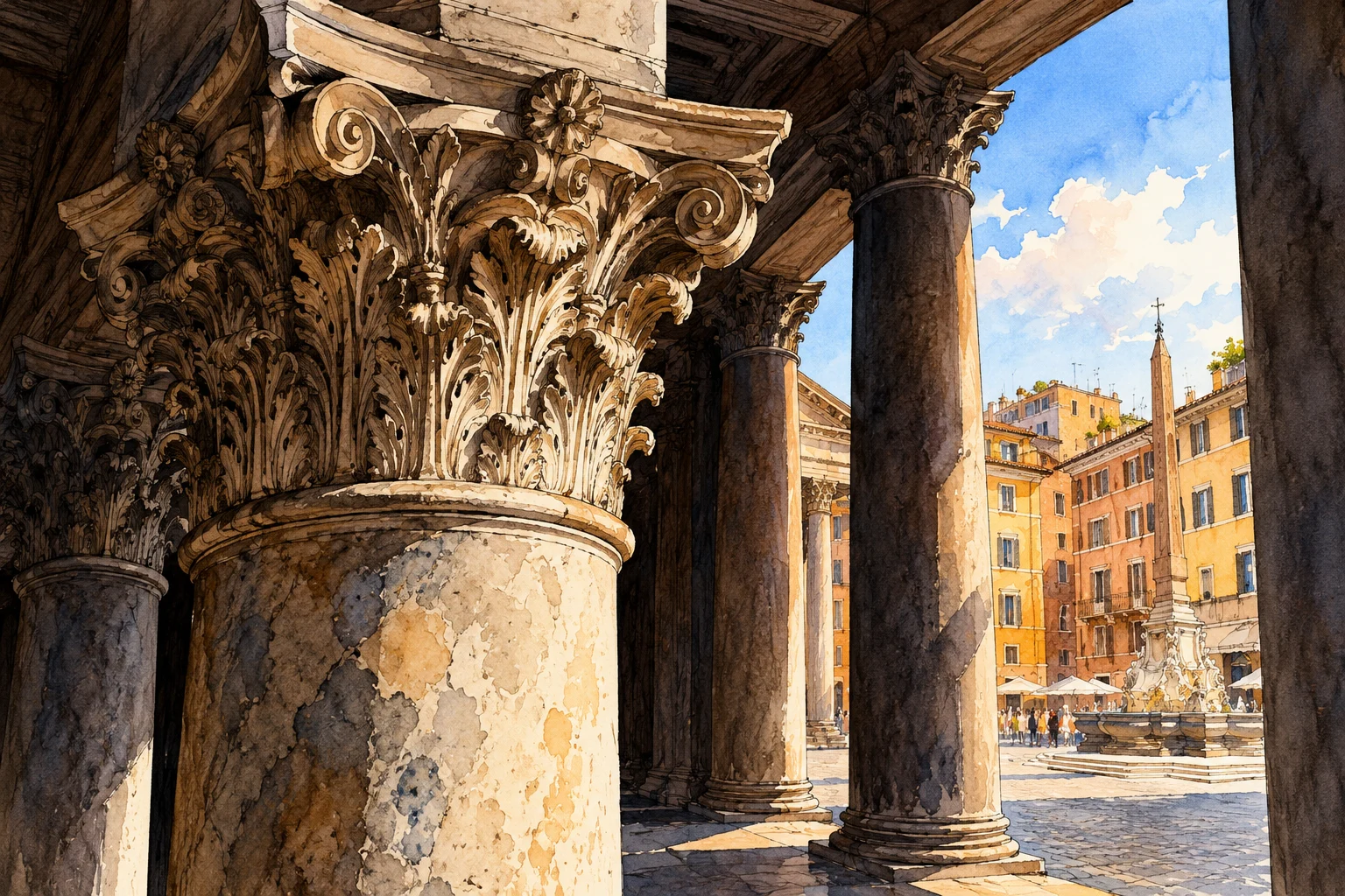 Ilustração em aquarela de colunas coríntias inspiradas no pórtico do Pantheon