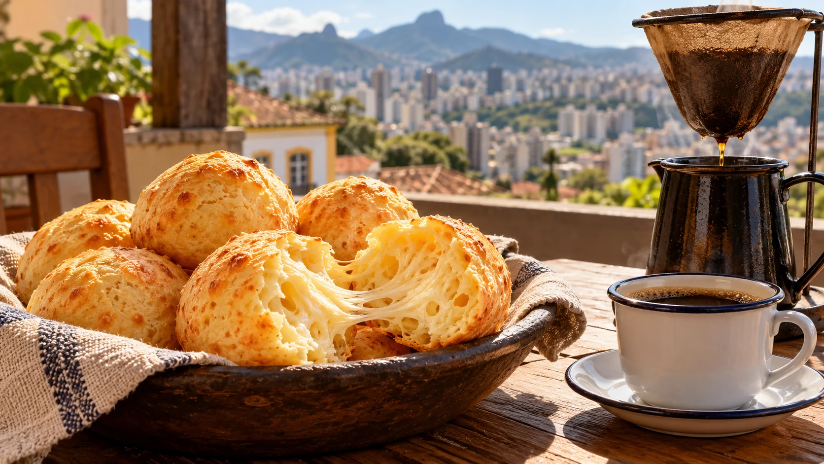 Ilustração de IA: Pães de queijo e café em cenário urbano inspirado em Belo Horizonte