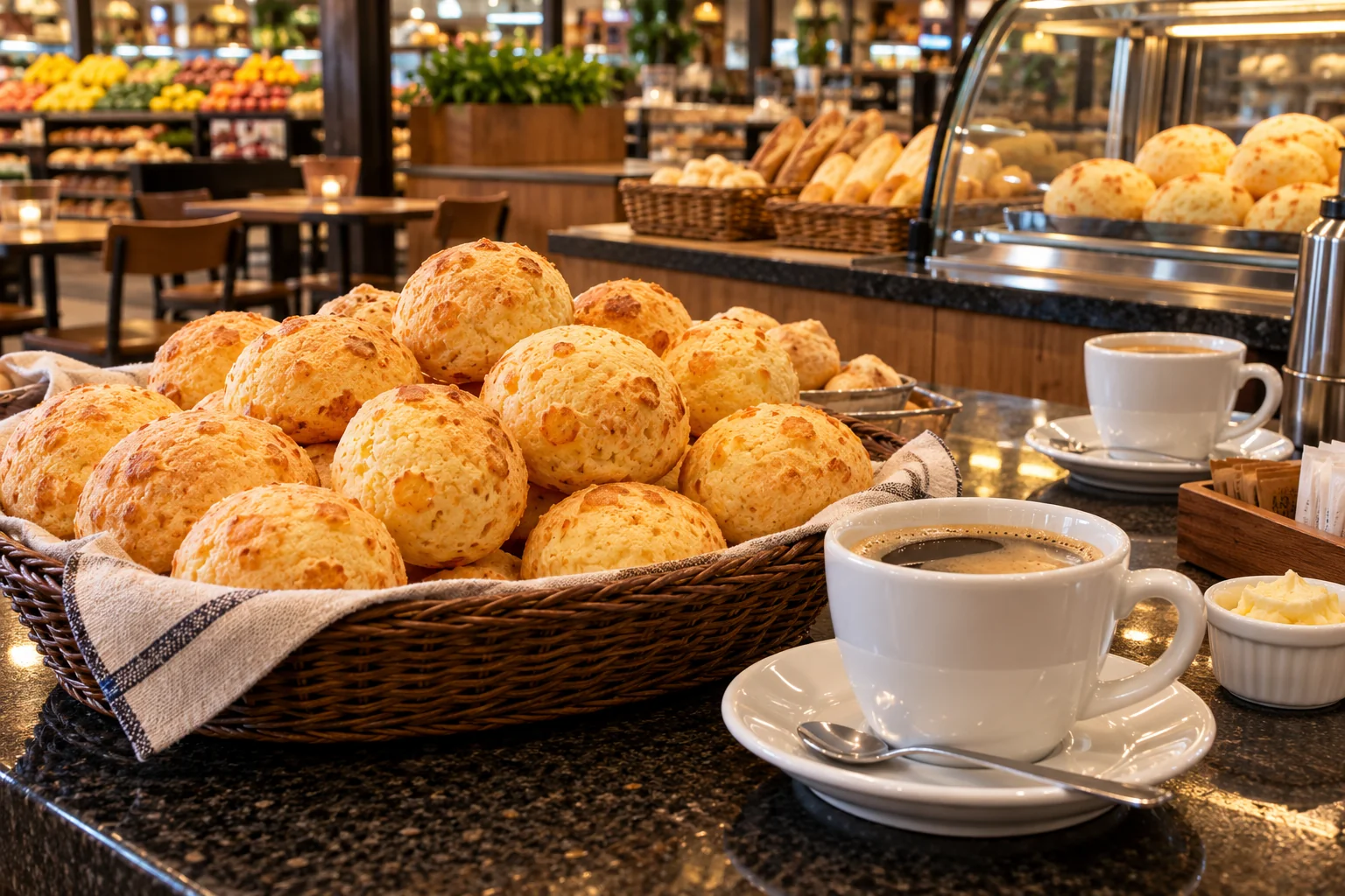 Ilustração de IA: Pães de queijo e café em cafeteria ilustrativa de mercado