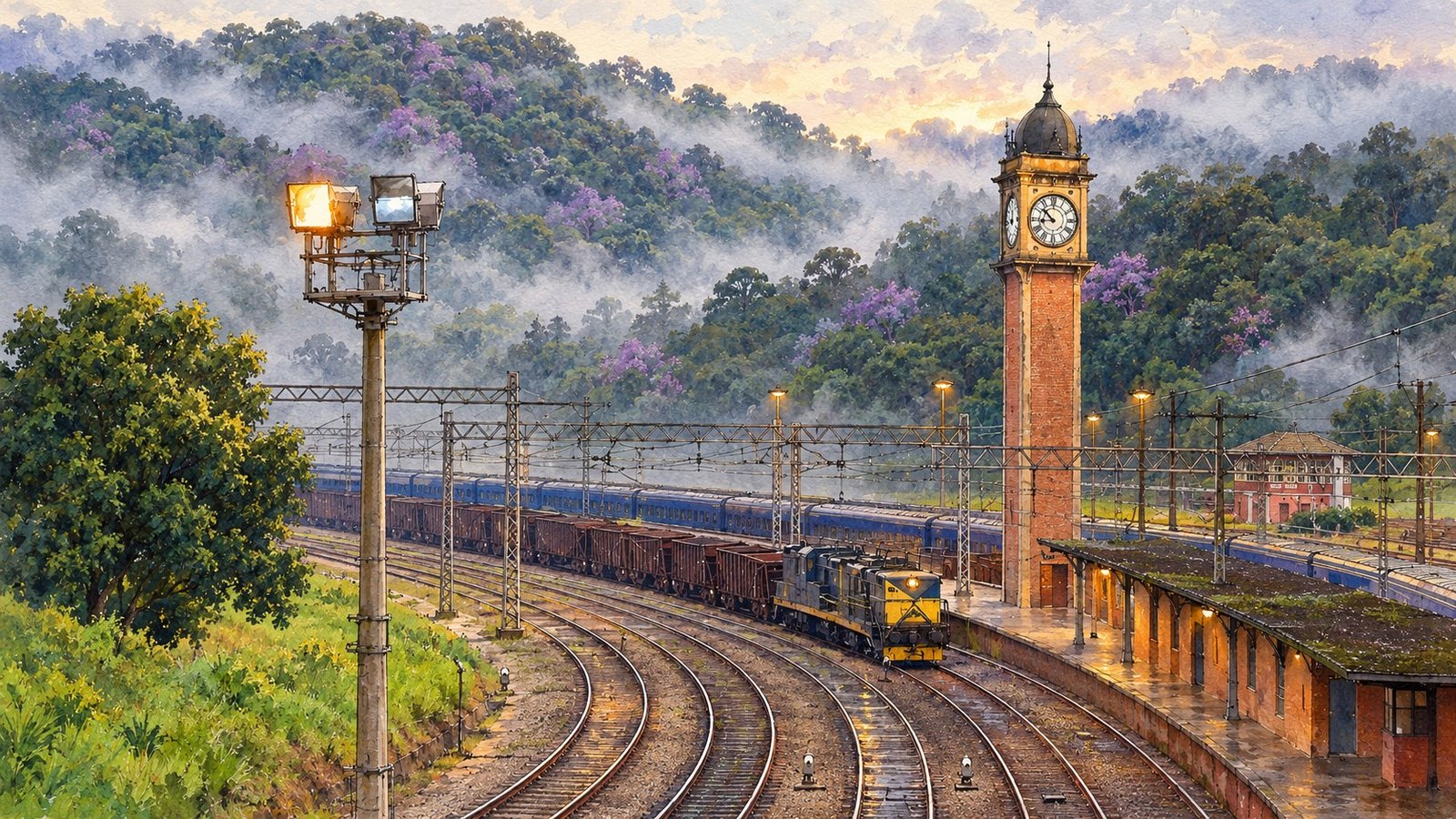 Ilustração da torre do relógio e do pátio ferroviário de Paranapiacaba na neblina