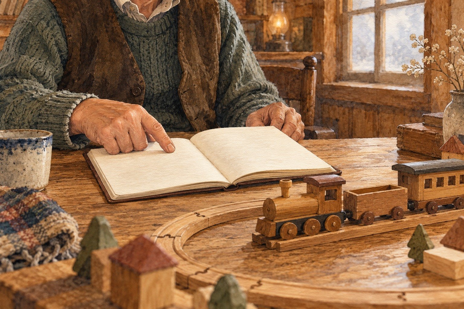 Ilustração de um contador de histórias diante de um caderno e de um trem de madeira