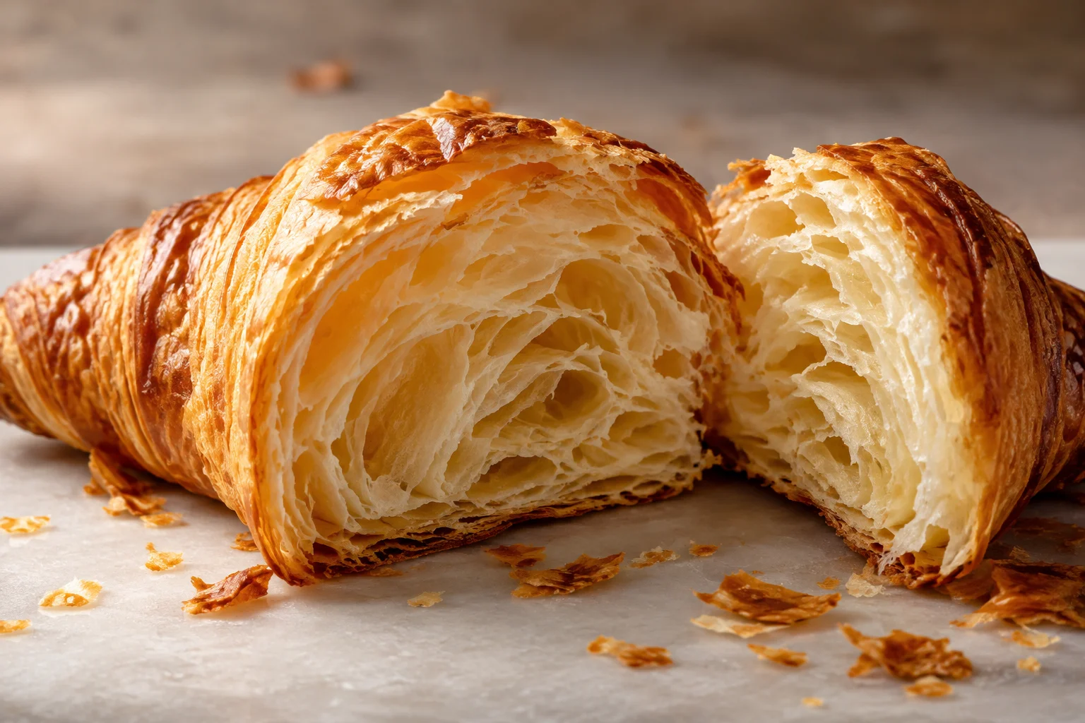 Ilustração de IA: Croissant cortado mostrando o miolo alveolado e as camadas de massa