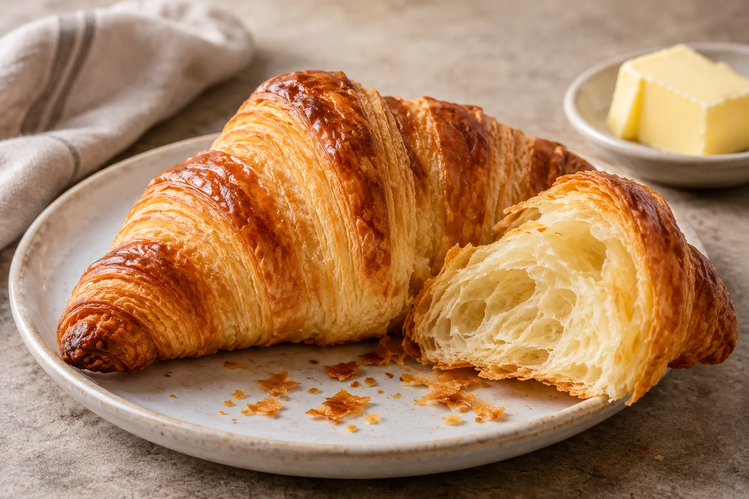 Ilustração de IA: Croissant inteiro e pedaço aberto com manteiga ao fundo