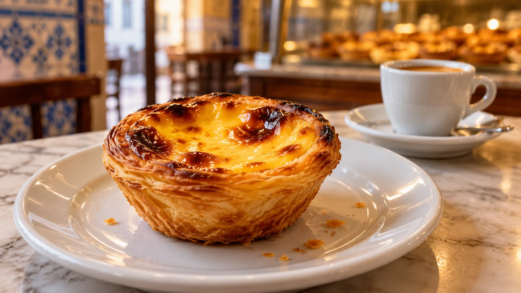 Ilustração de IA: Pastel de nata e café em ambiente de confeitaria