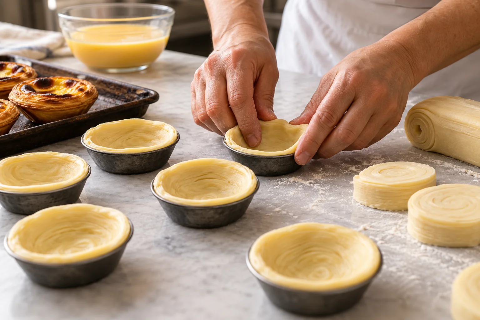 Ilustração de IA: Mãos moldando massa folhada em formas de pastel de nata