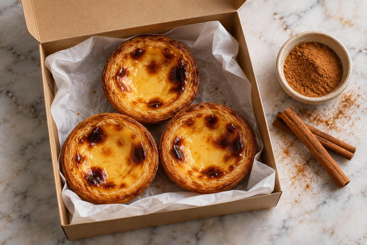 Ilustração de IA: Três pastéis de nata em caixa ao lado de canela
