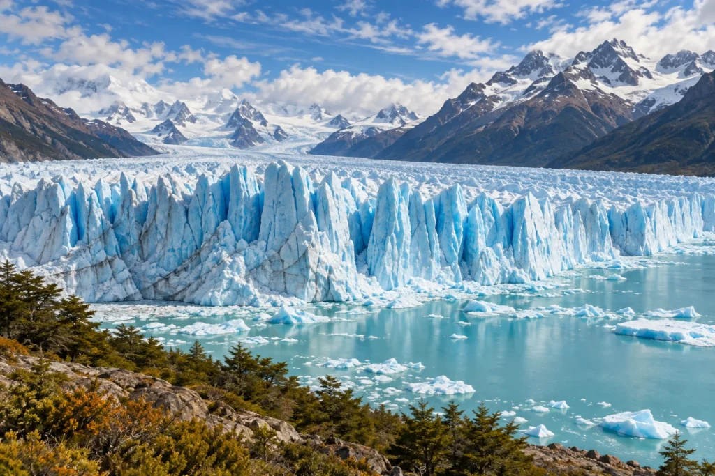 Ilustração de fendas azuis e picos de gelo no Perito Moreno