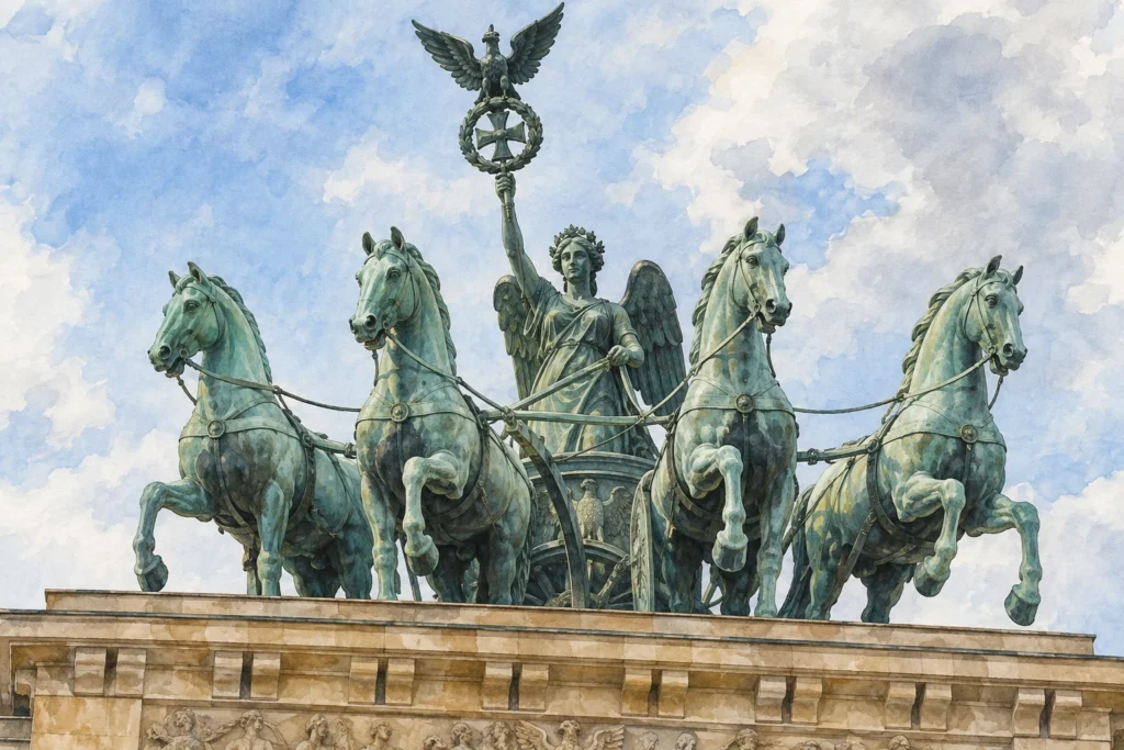 Ilustração da Quadriga de quatro cavalos no alto do Portão de Brandemburgo.