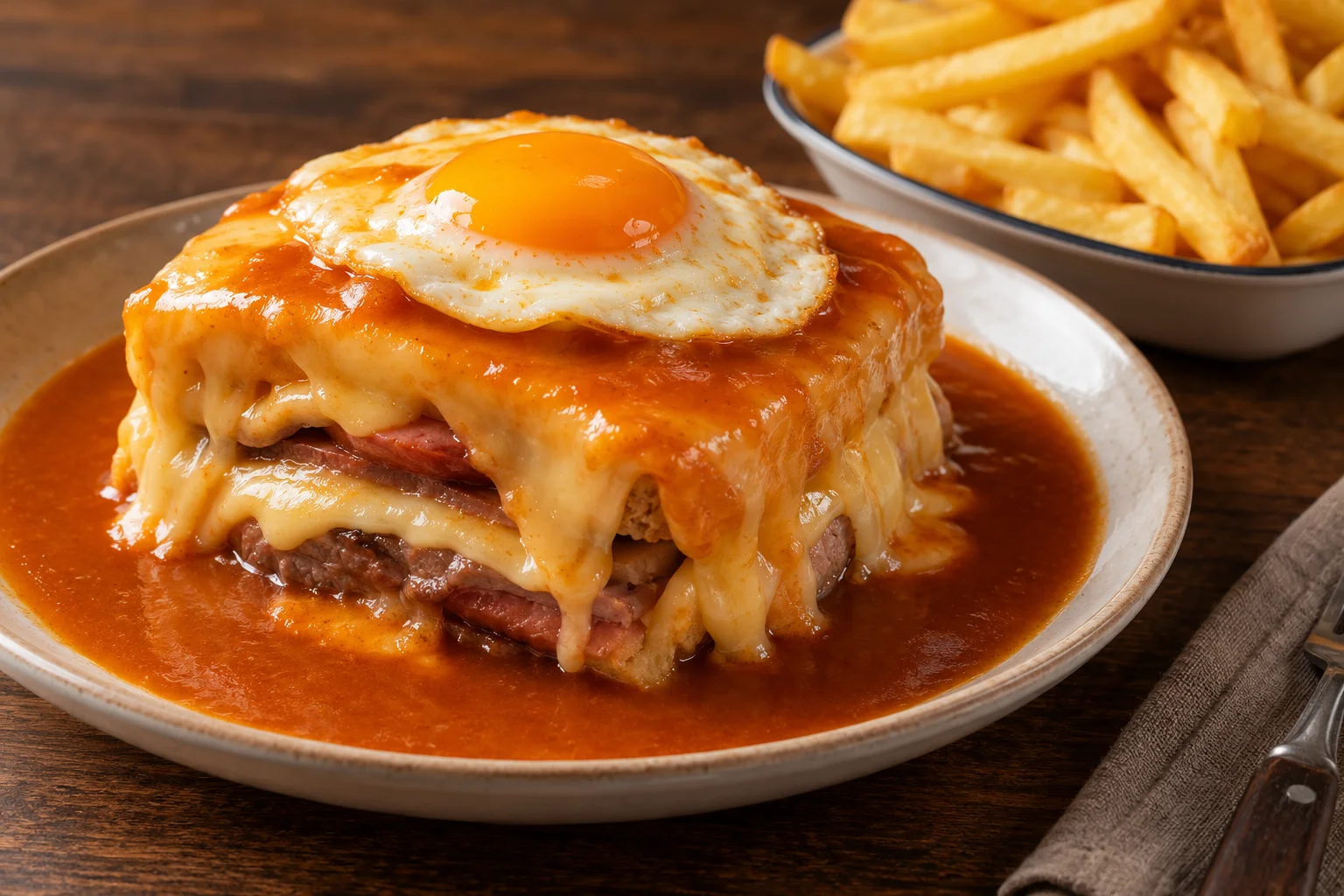 Ilustração de IA: Francesinha com ovo por cima e batatas fritas separadas