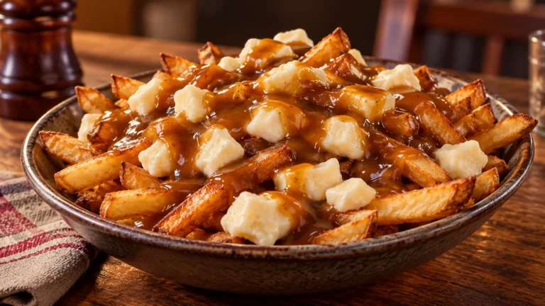 Ilustração de IA: Poutine com batatas fritas, queijo em grãos branco e molho marrom