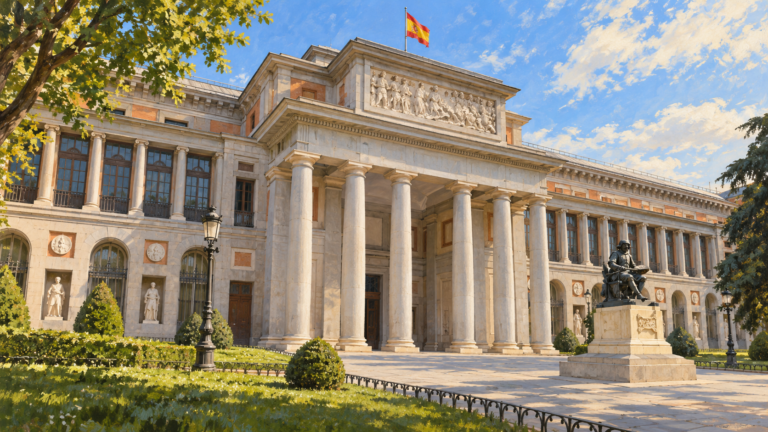 Ilustração por IA: fachada principal do Museu do Prado em Madrid