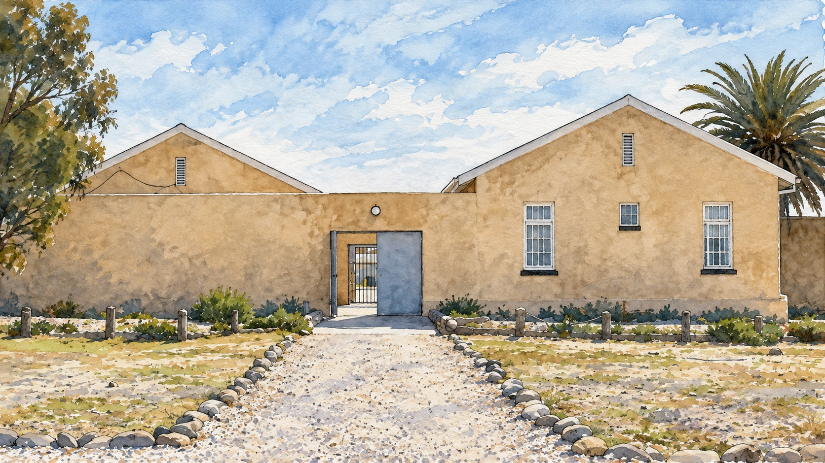 Ilustração de IA da entrada da Medium B Security Prison em Robben Island, com dois frontões e caminho de cascalho