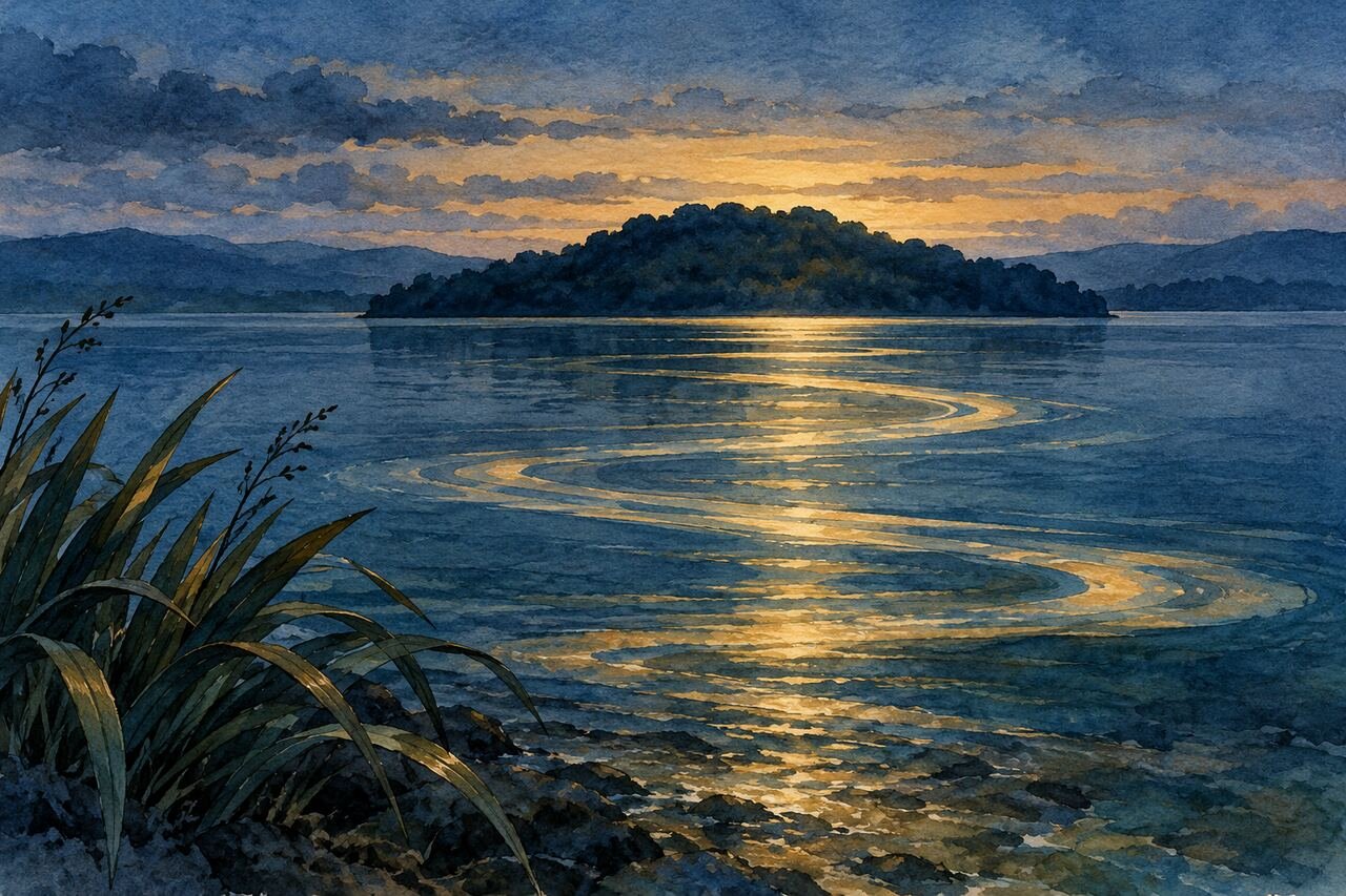 Faixas de luz imaginadas atravessam o lago entre uma ilha e a margem ao anoitecer.