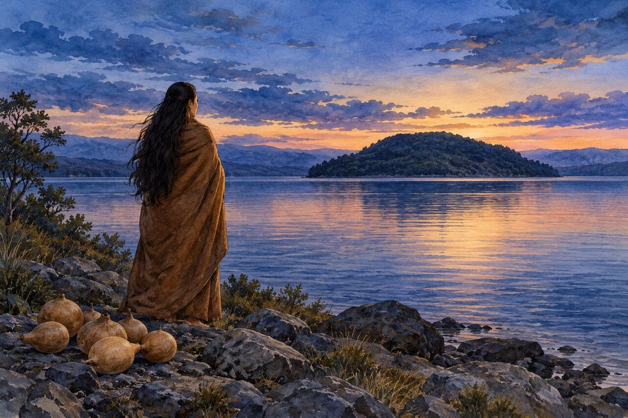 Mulher imaginada observa uma ilha à distância, com cabaças soltas na margem seca.