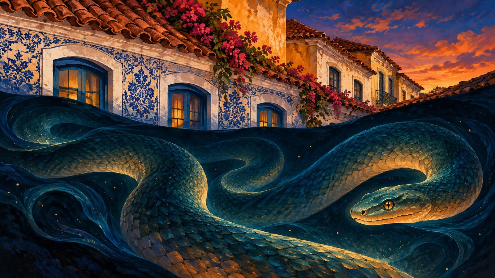 Ilustração conceitual da Serpente Encantada sob uma paisagem inspirada em São Luís