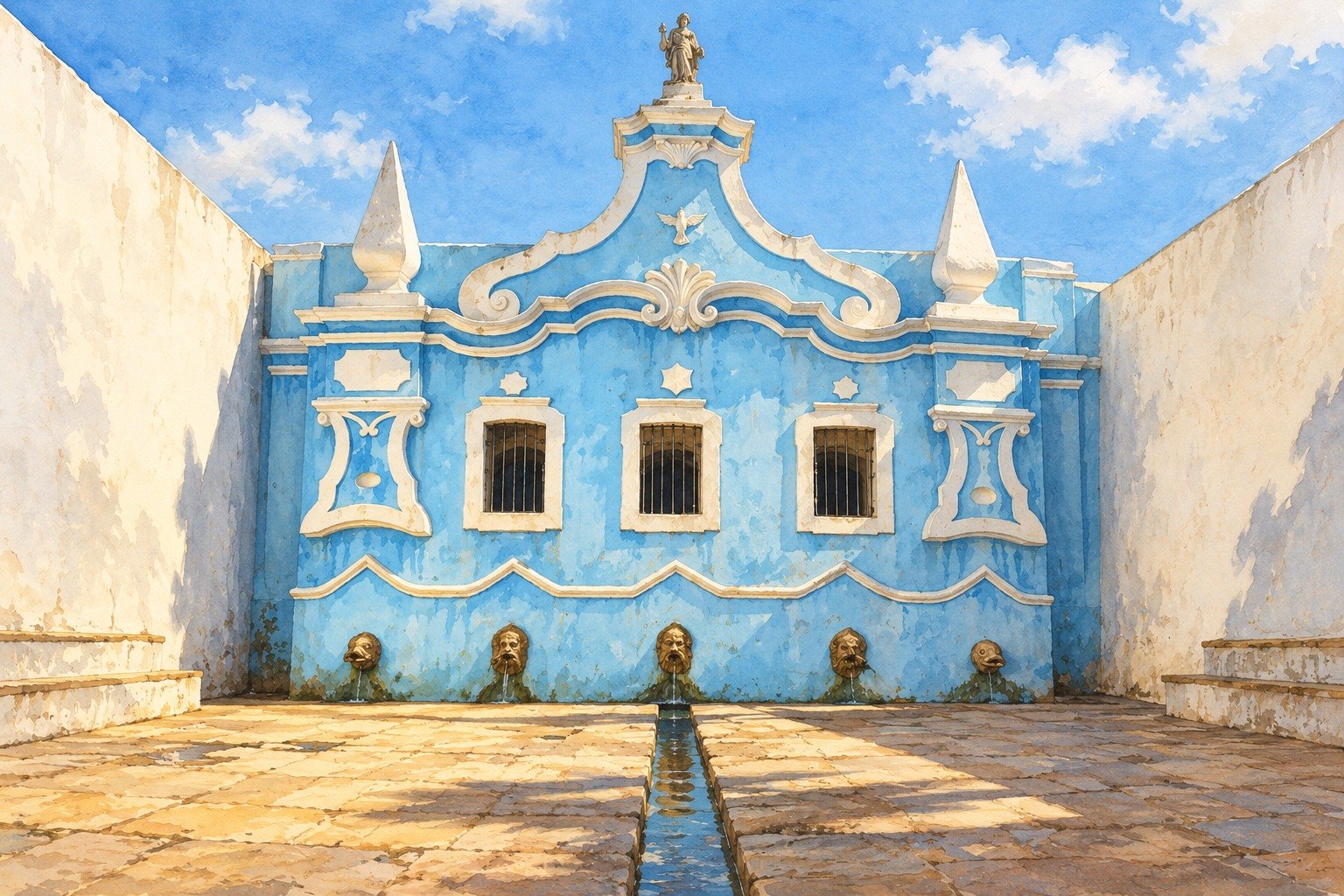 Ilustração de uma fonte colonial inspirada na Fonte do Ribeirão