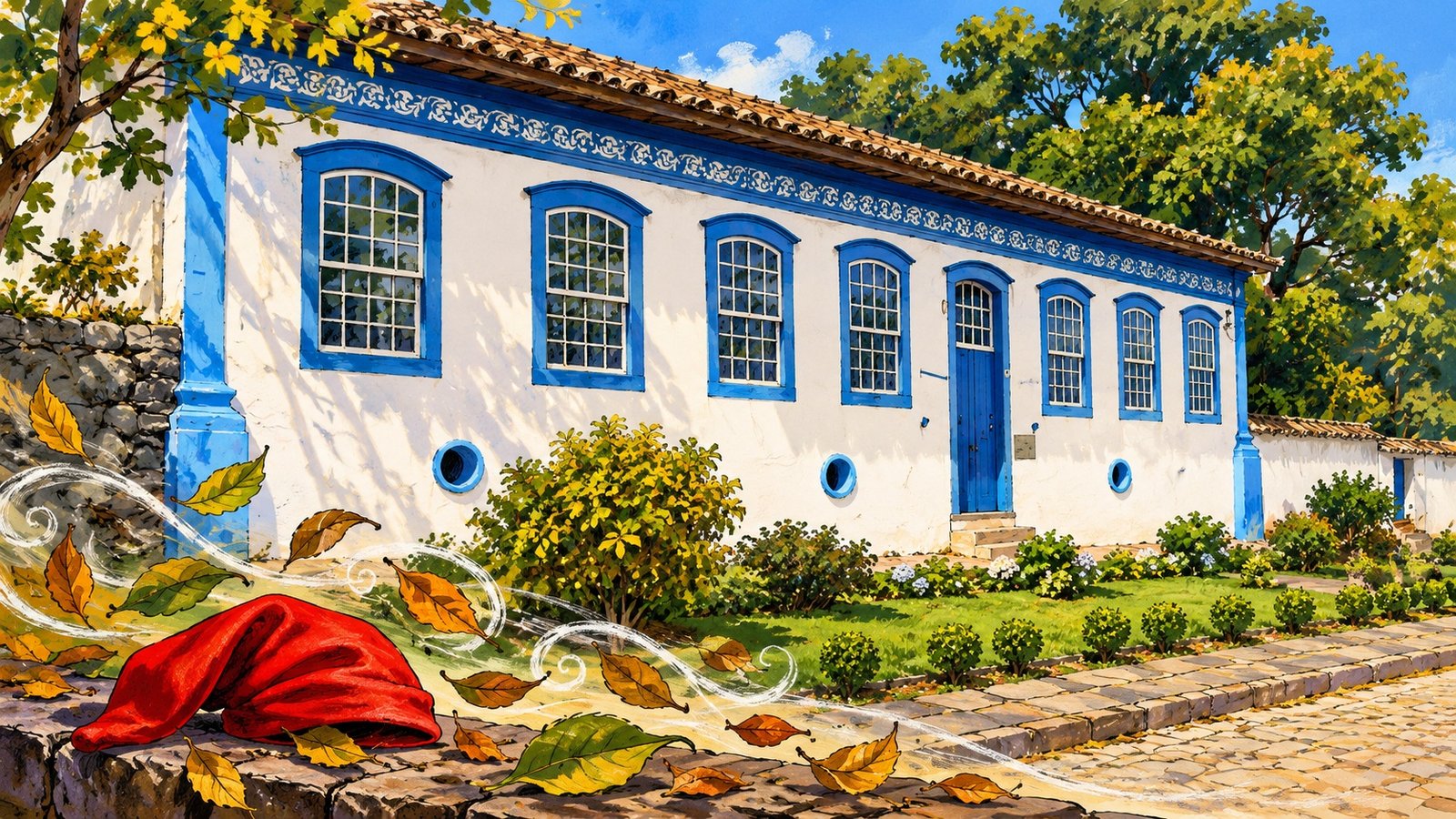 Casa Oswaldo Cruz ilustrada com um gorro vermelho como símbolo do Saci