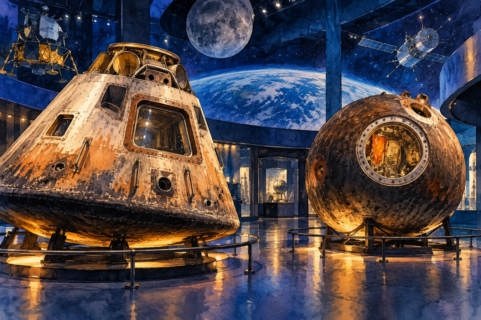 Ilustração temática de cápsulas espaciais inspirada na coleção do Science Museum
