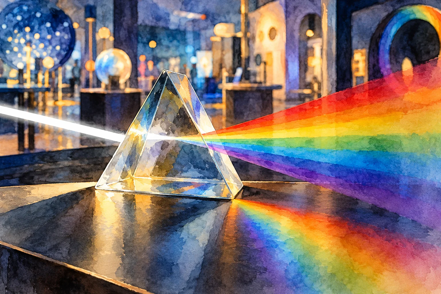 Ilustração temática de luz passando por um prisma em ambiente de ciência