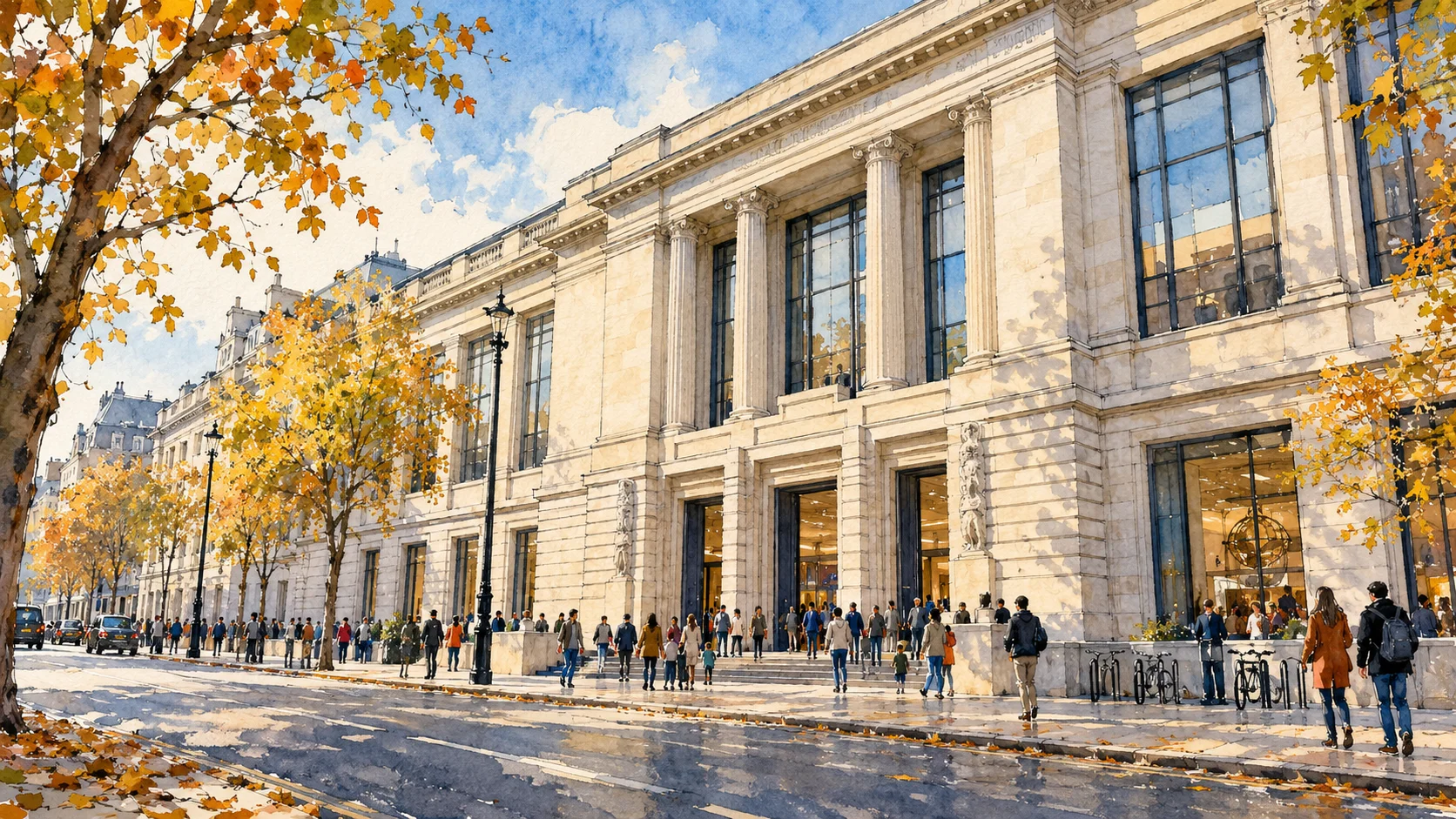 Ilustração da fachada do Science Museum de Londres em Exhibition Road