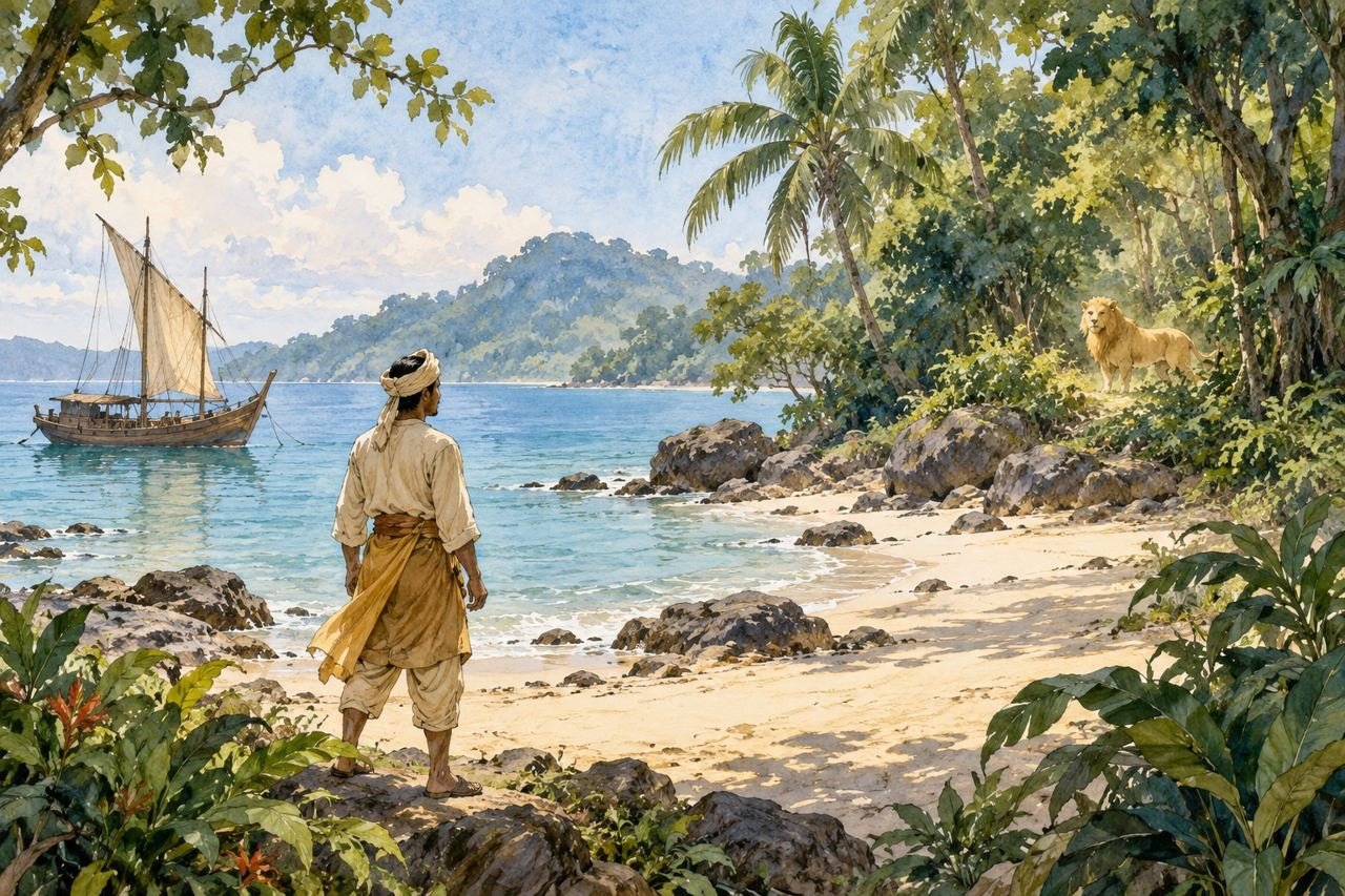 Príncipe imaginado numa margem tropical observa à distância um animal parecido com leão.