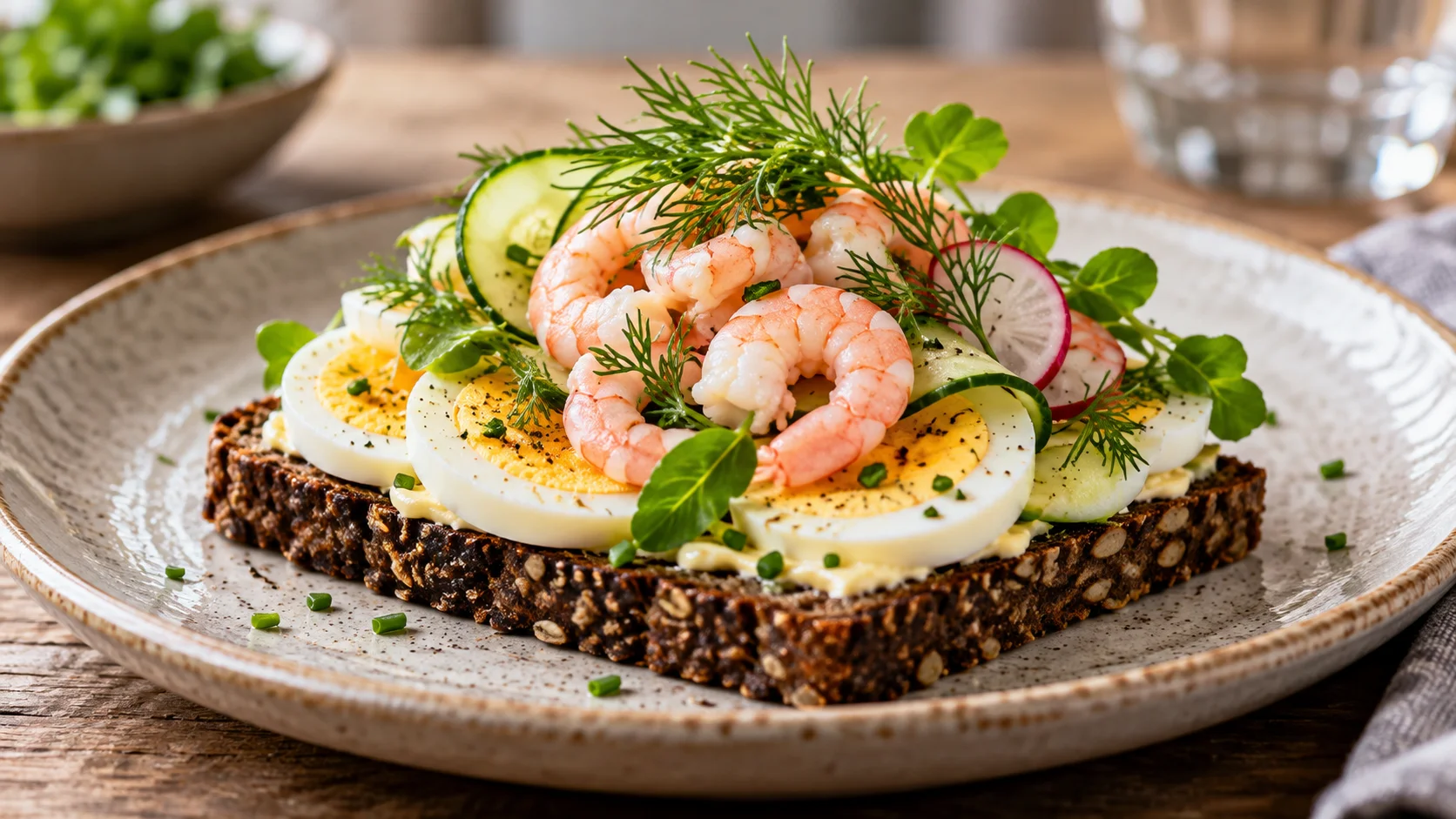 Ilustração de IA: Smørrebrød aberto em pão de centeio com ovo, camarões e vegetais