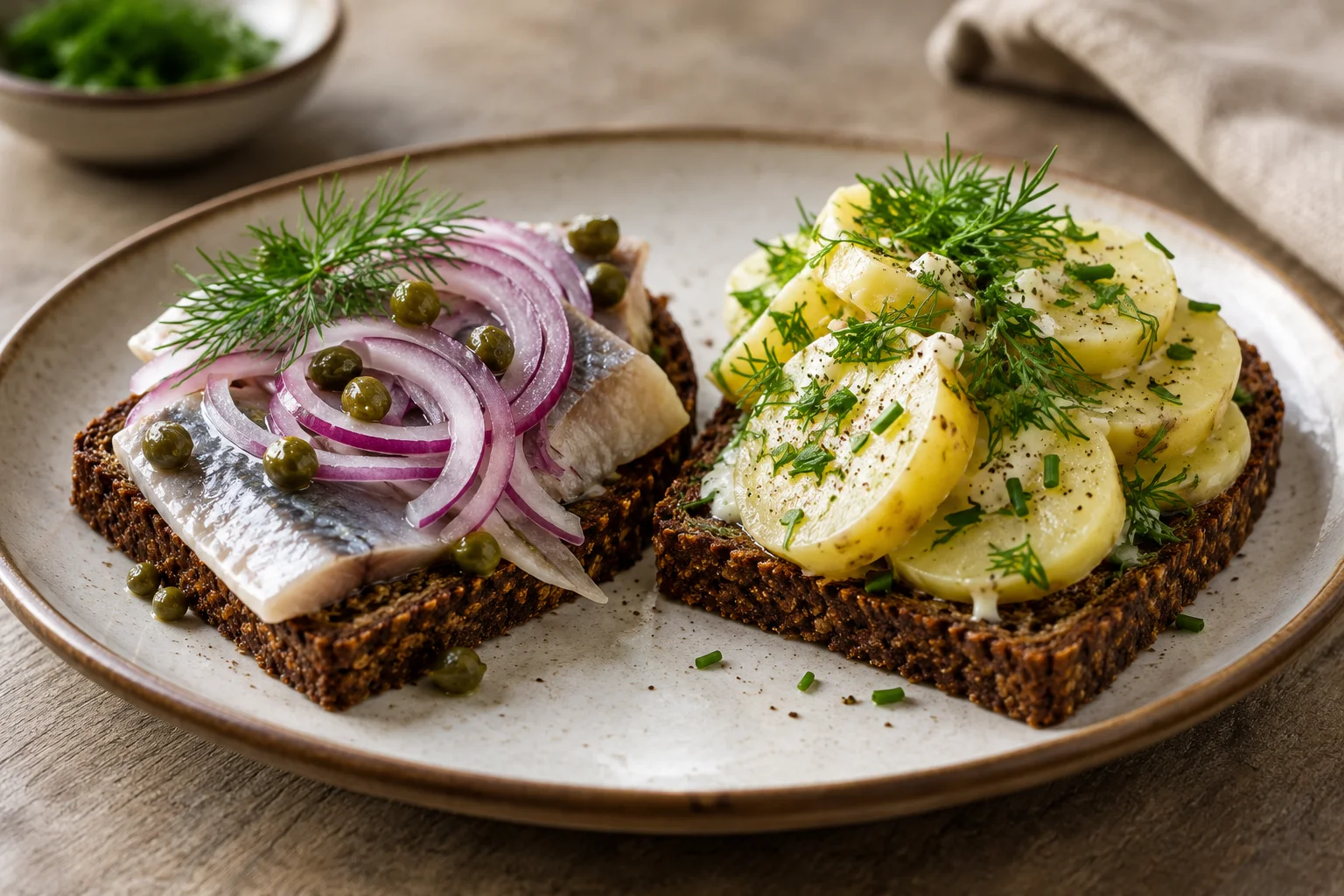 Ilustração de IA: Smørrebrød de arenque com cebola e de batata com ervas