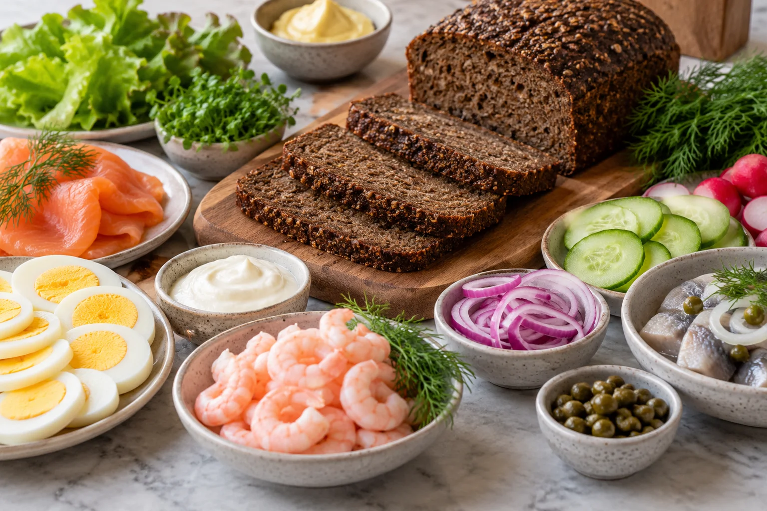 Ilustração de IA: Pão de centeio fatiado e ingredientes variados para smørrebrød