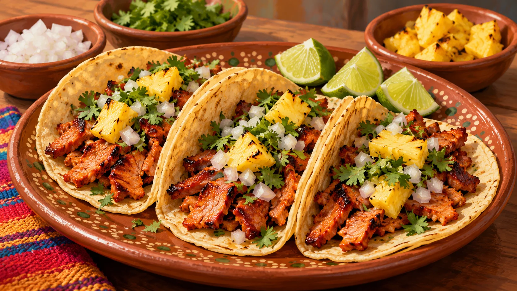 Ilustração de IA: Tacos al pastor com cebola, coentro, abacaxi e limão em tortillas macias