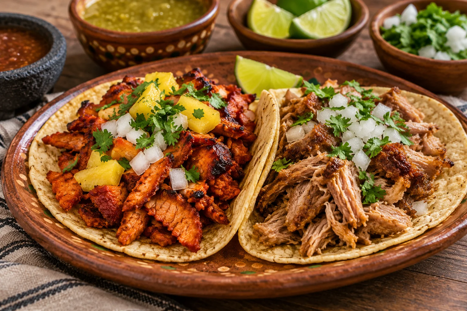 Ilustração de IA: Tacos al pastor e de carnitas com acompanhamentos separados