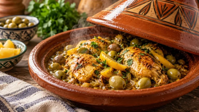 Ilustração de IA: Tajine de frango com azeitonas e limão em conserva, sob tampa cônica