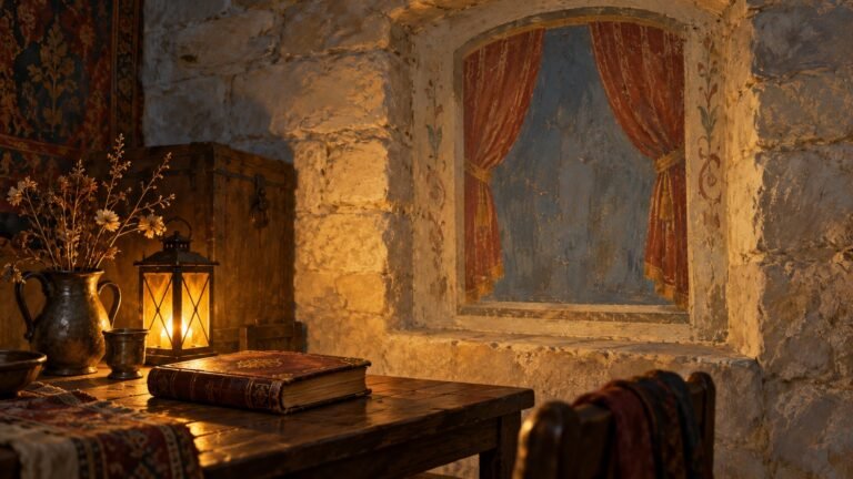 Composição de conto com janela falsa pintada, livro e luz de lanterna, inspirada na lenda de Tallinn.