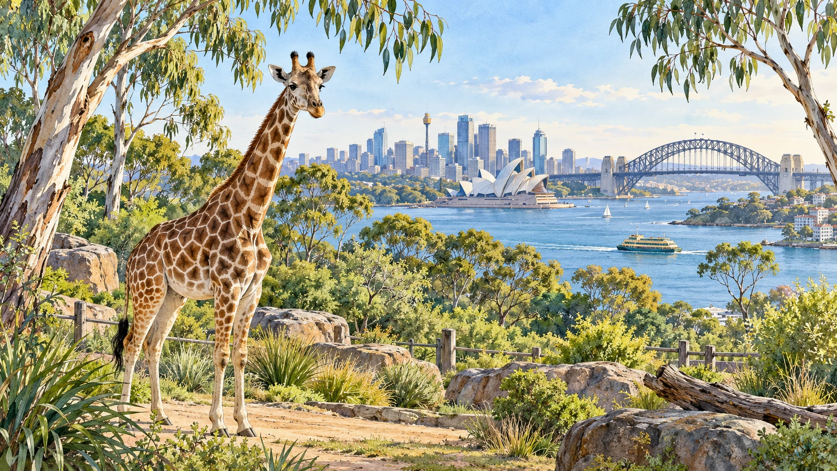 Ilustração conceitual de girafa e paisagem da baía de Sydney em uma visita ao Taronga Zoo.