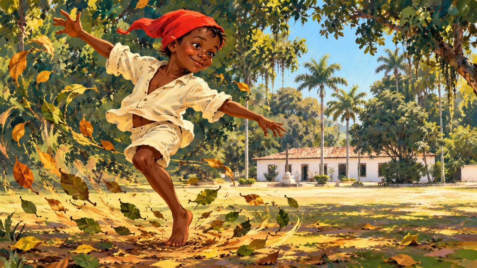 Ilustração do Saci de gorro vermelho diante do Museu Monteiro Lobato em Taubaté