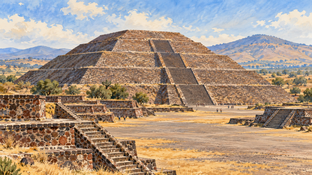 Ilustração da Pirâmide do Sol em Teotihuacán, com patamares e topo plano.
