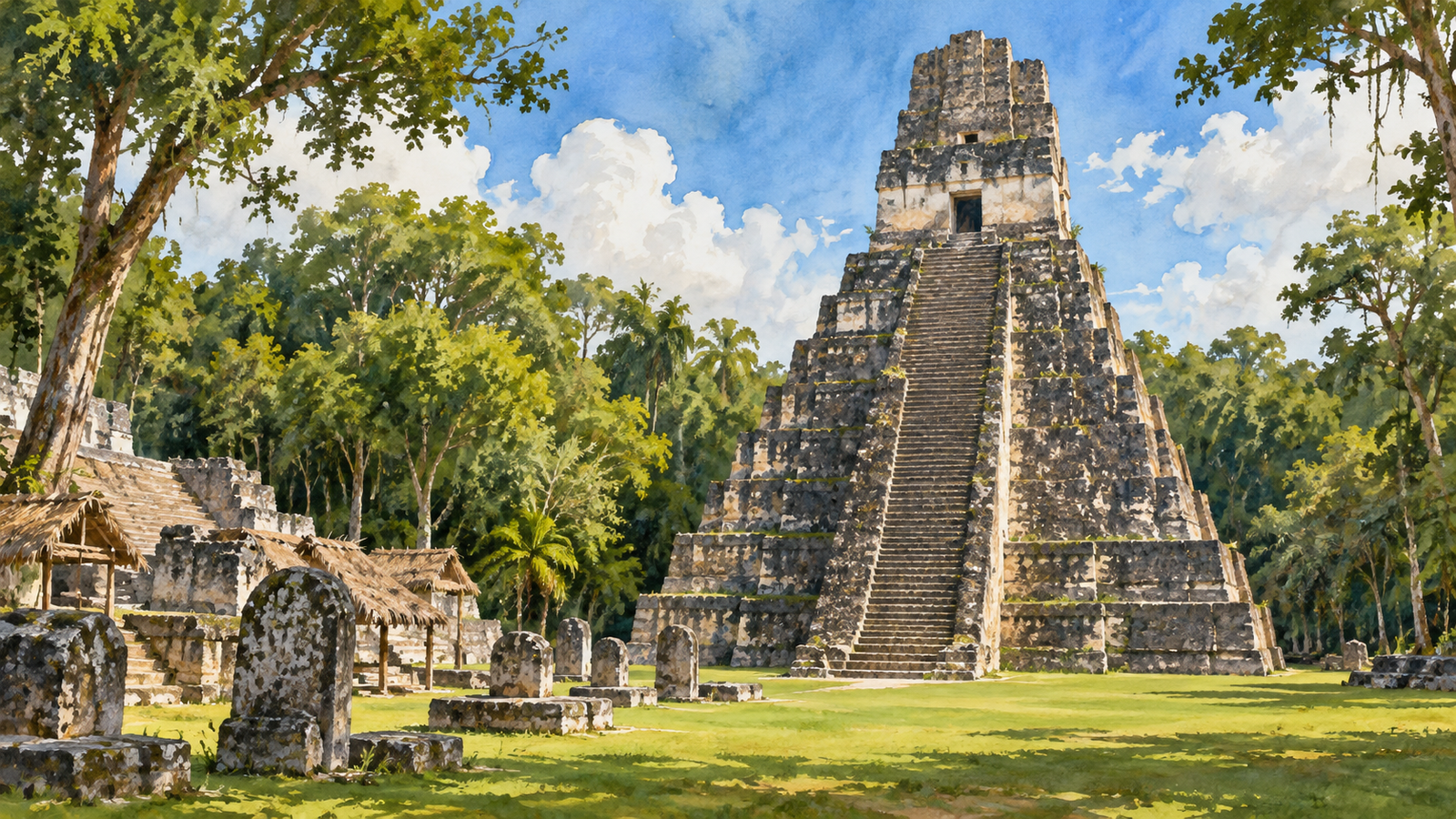 Ilustração do Templo I, Grande Jaguar, de Tikal diante da floresta.