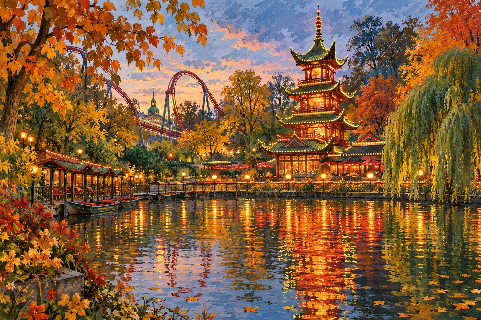 Ilustração do lago e de um pavilhão de inspiração asiática nos Jardins Tivoli