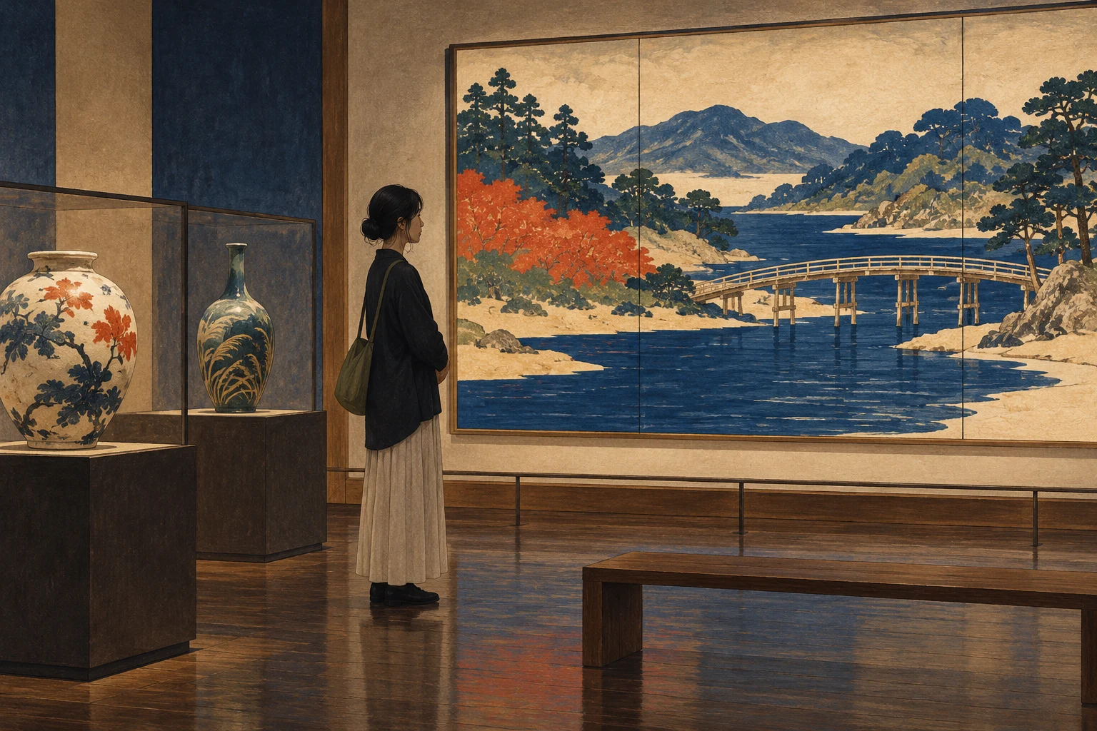 Ilustração conceitual de visitante observando paisagem imaginária e cerâmicas em uma galeria de arte japonesa.