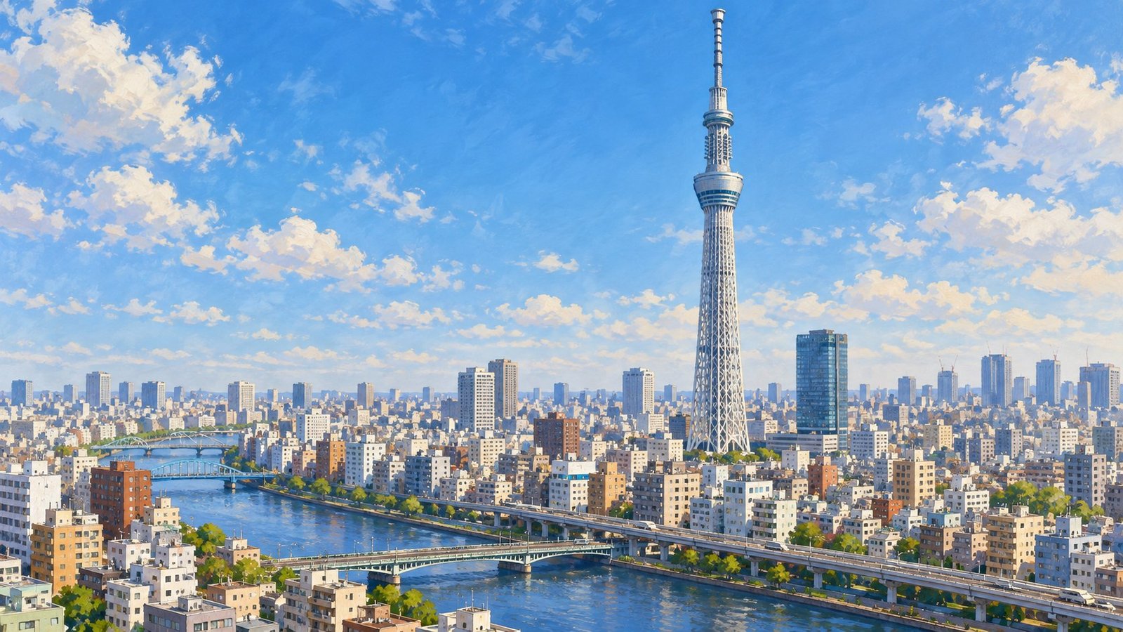 Ilustração da Tokyo Skytree acima da paisagem urbana de Tóquio