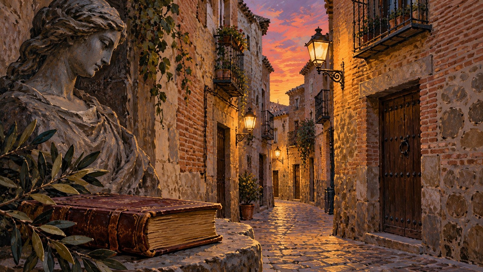 Ilustração de capa de beco histórico de Toledo ao crepúsculo com livro e figura de estátua em sobreposição artística, atmosfera romântica sem alegar aparição real