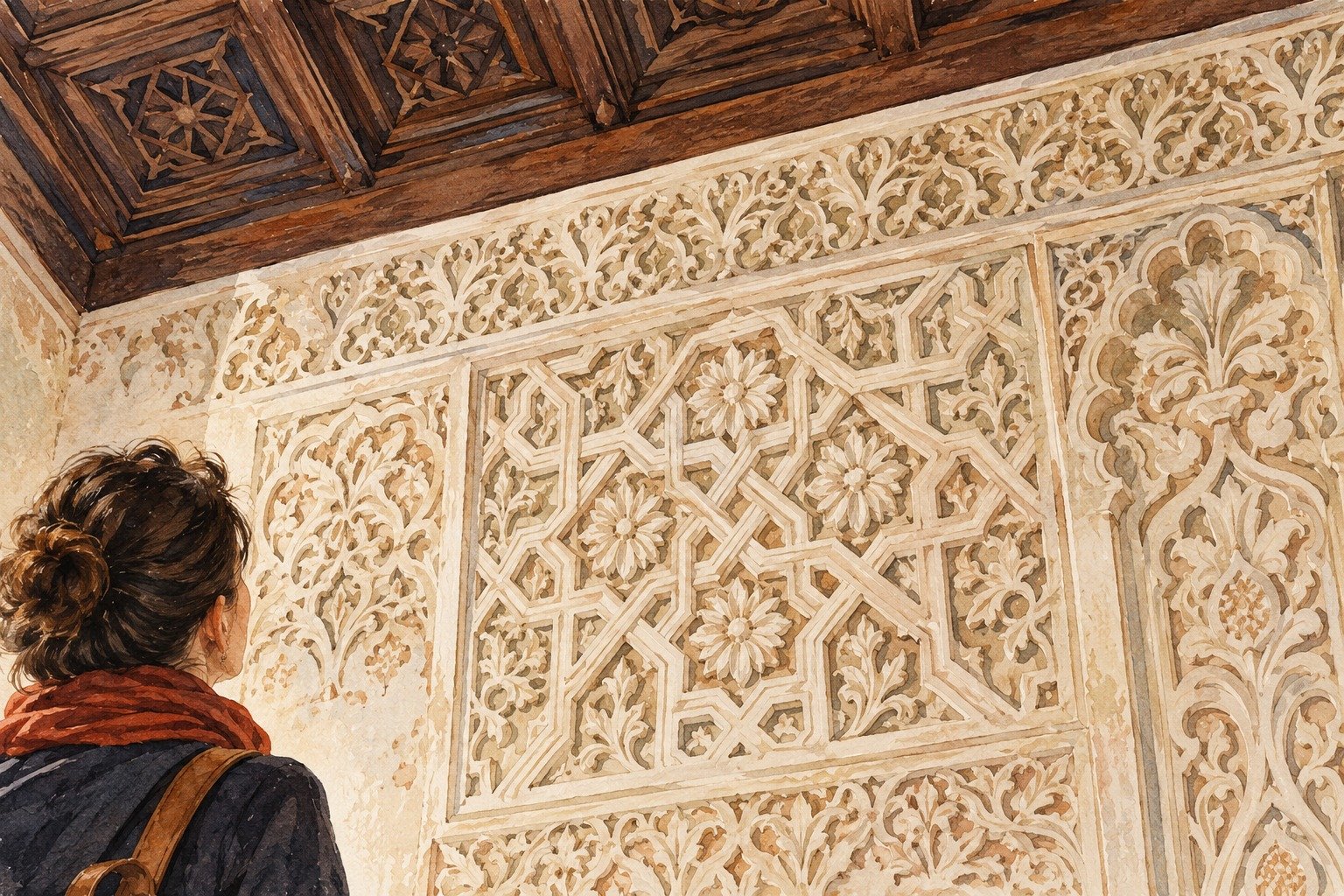 Ilustração conceitual de detalhes ornamentais e madeira, inspirada na leitura do patrimônio sefardita de Toledo.