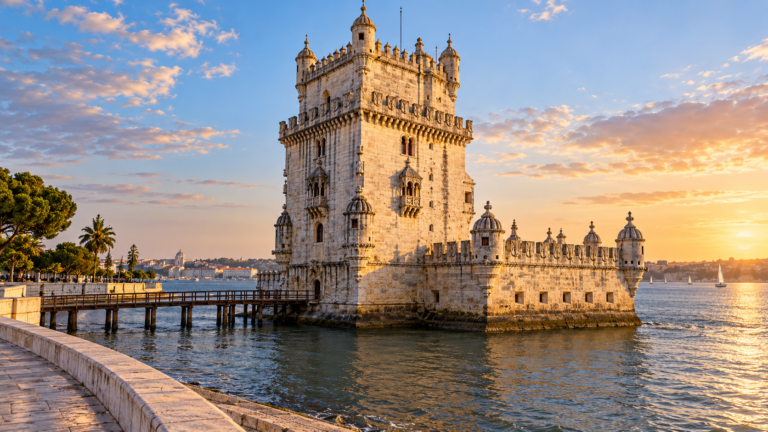 Ilustração de IA da Torre de Belém e sua arquitetura às margens do Tejo