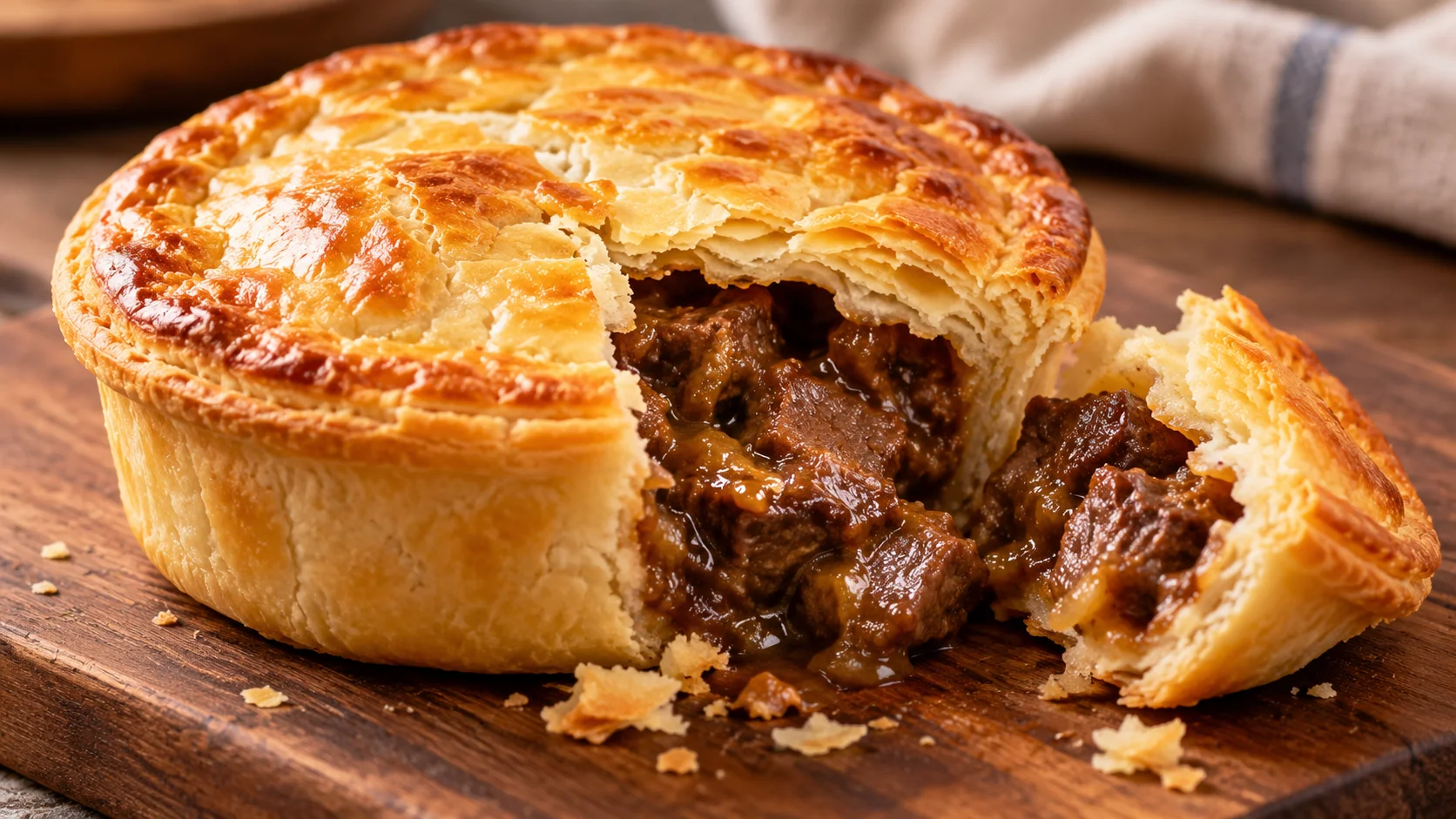 Ilustração de IA: Meat pie aberta mostrando recheio de carne com molho