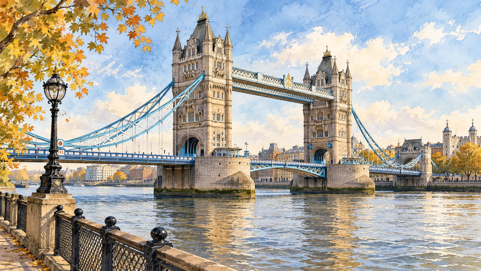 Ilustração panorâmica da Tower Bridge vista do Tâmisa
