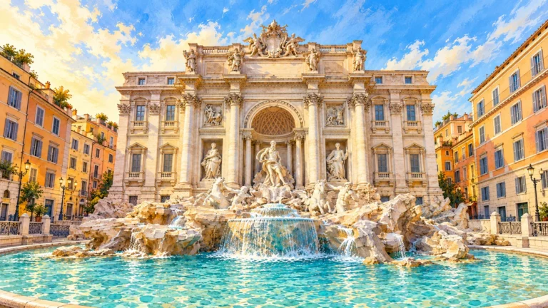 Ilustração da fachada barroca e da água da Fontana di Trevi em Roma