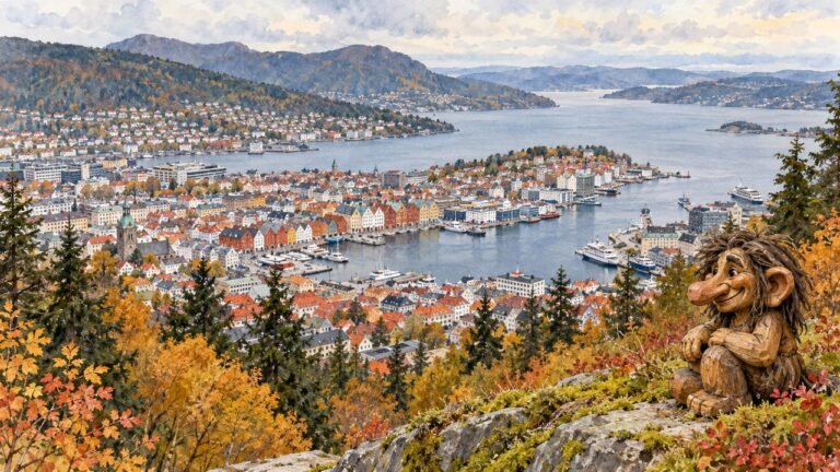 Ilustração de IA inspirada em Bergen e nos trolls noruegueses; composição artística, não fotografia.