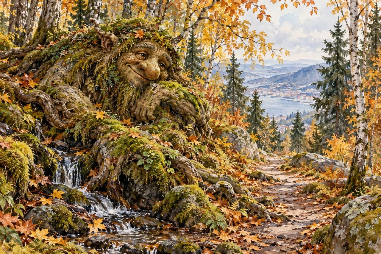Ilustração de IA: troll imaginário entre raízes; não reproduz uma escultura identificada de Fløyen.