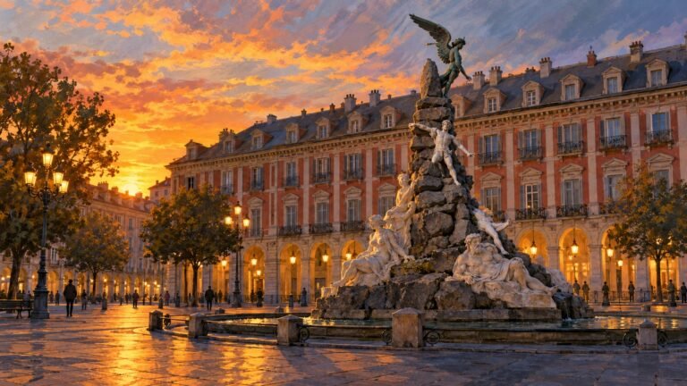 Ilustração editorial da Piazza Statuto de Turim ao entardecer, monumento do Fréjus com figura alada representada como escultura e sombras dramáticas, sem demônio real