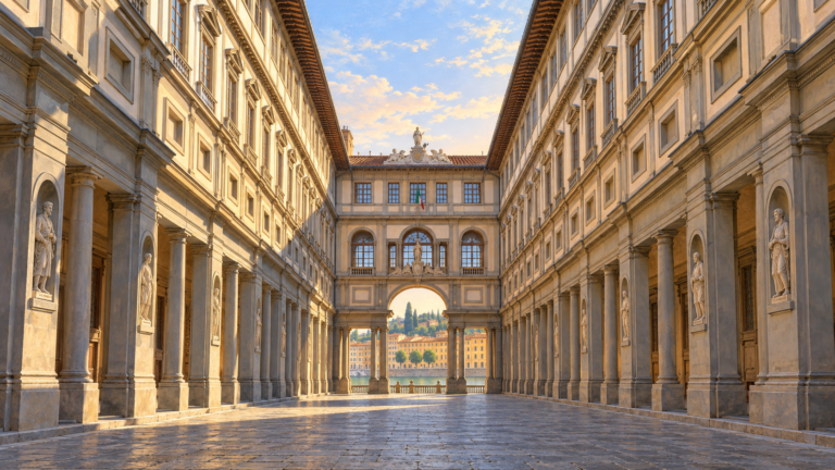 Ilustração de IA do pátio longitudinal da Galeria Uffizi em Florença