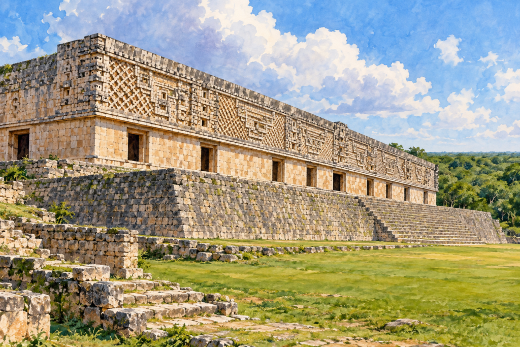 Ilustração do Palácio do Governador sobre uma plataforma em Uxmal.